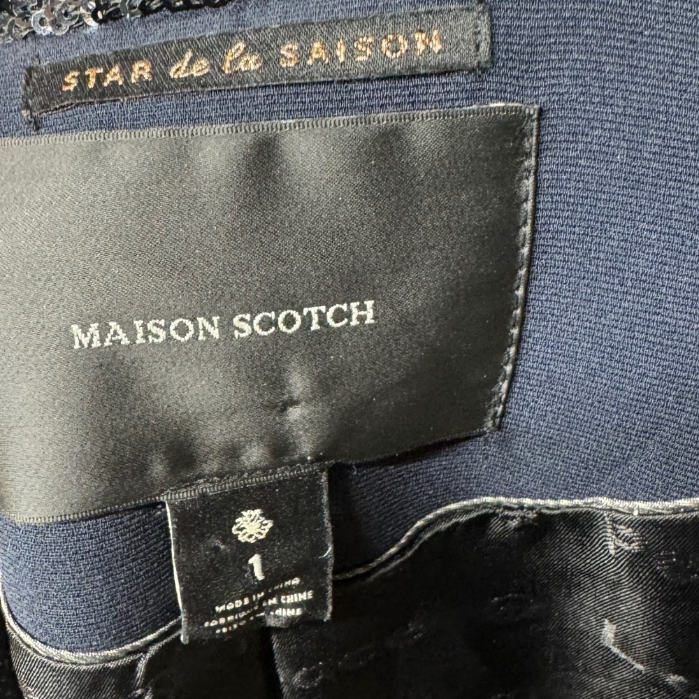 Maison Scotch Navy Blue Black Sequin Single Button Closure Tuxedo Blazer Size 1 - Picture 14 of 16